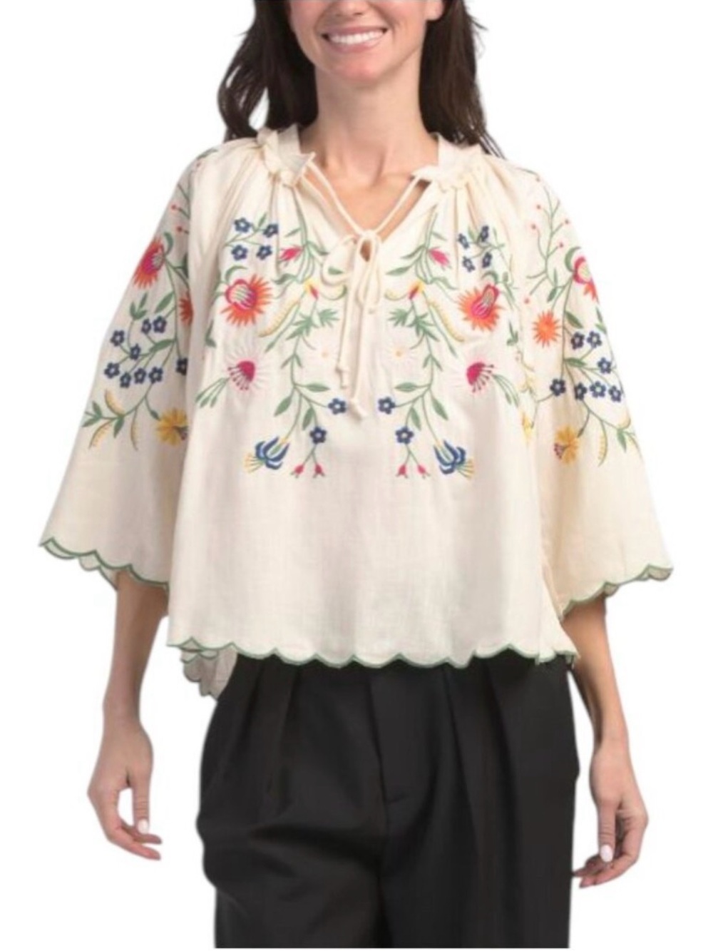 Solitaire Cream Embroidered Floral Peasant Blouse